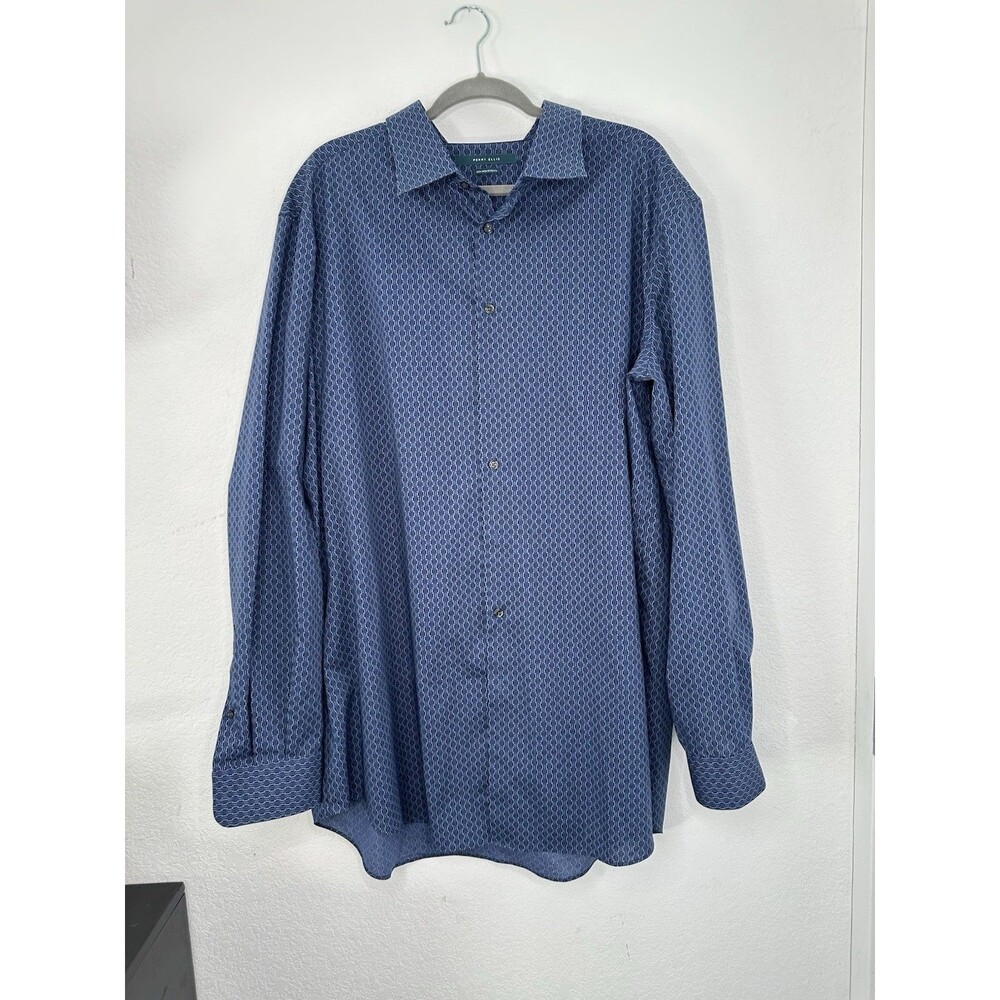 Perry Ellis Men 2XLT Button Down Shirt Blue Geometric Non Iron Stretch Tall